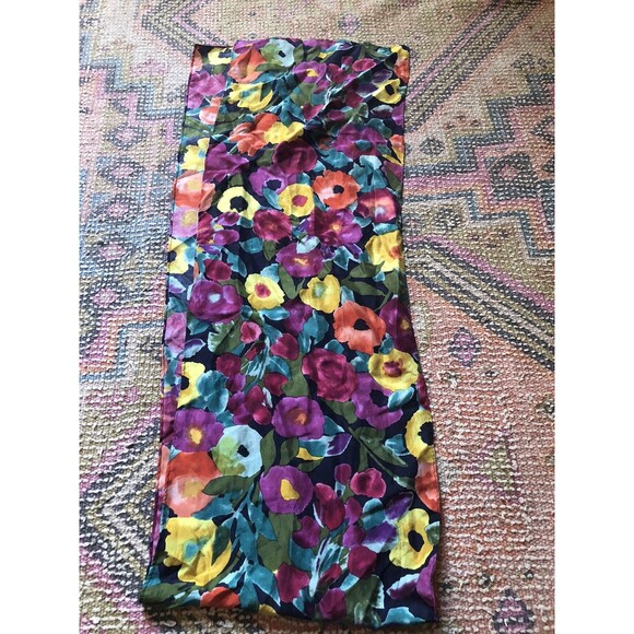 Vintage 100% Silk Scarf 60"x10 Floral - Picture 1 of 1